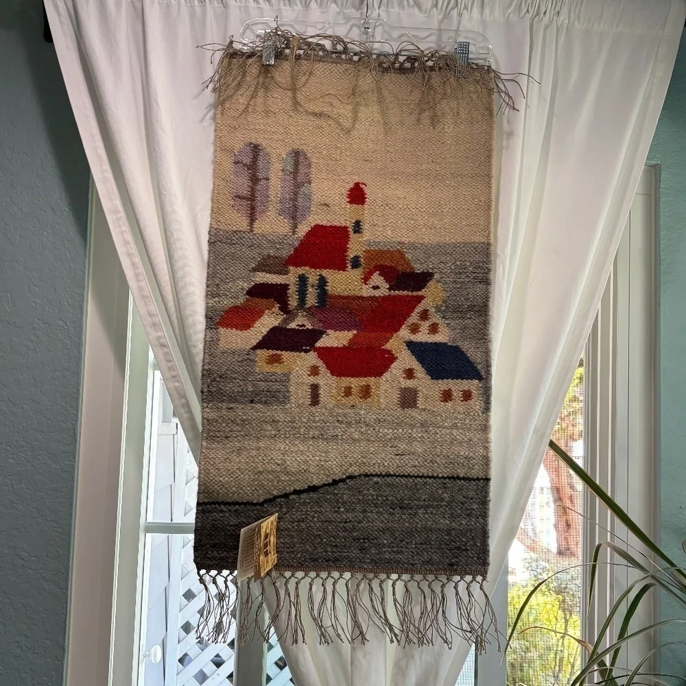 Vintage 1970s Polish Kilim Wool Scandinavian Village Cepelia Tapestry